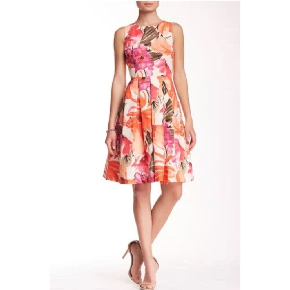 ELIZA J Orange Purple FLORAL FIT & FLARE  Pleated DRESS sz 6 Pockets